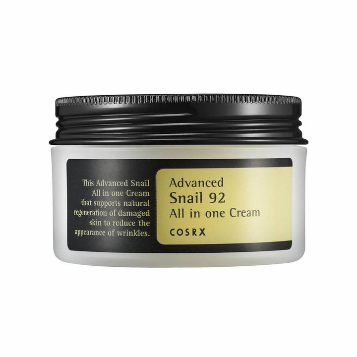 A jar of Cosrx Advanced Snail 92 All in One Cream, with a black lid and a label that includes the product name and description.