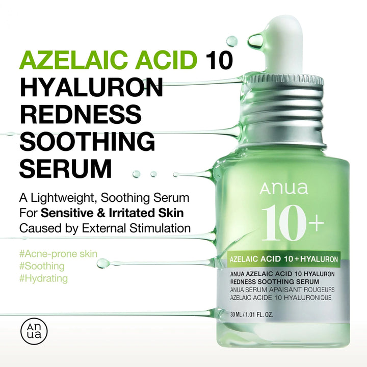 Anua Azelaic Acid 10 Hyaluron Redness Soothing Serum 30ml – Korean skincare serum for sensitive, acne-prone skin with redness and dehydration. Feature