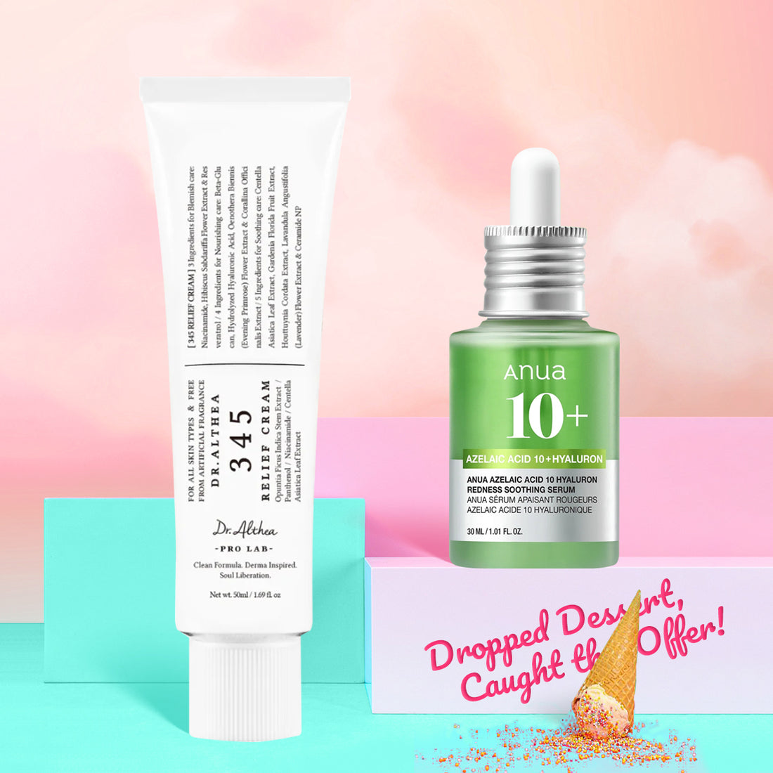 Skincare products including a tube and a dropper bottle on a colorful background with promotional text.