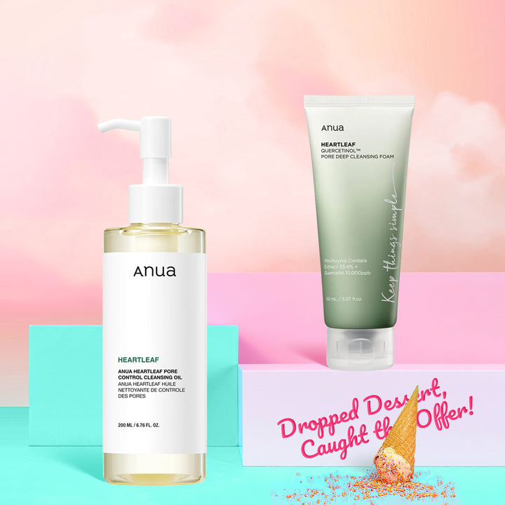 Two skincare products from Anua on a colorful background with promotional text.