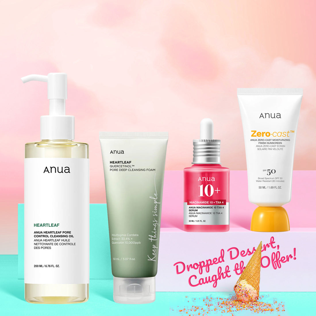 Anua skincare products on a colorful background with promotional text.
