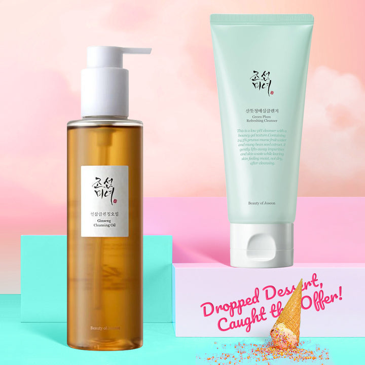Skincare products with a promotional message on a colorful background