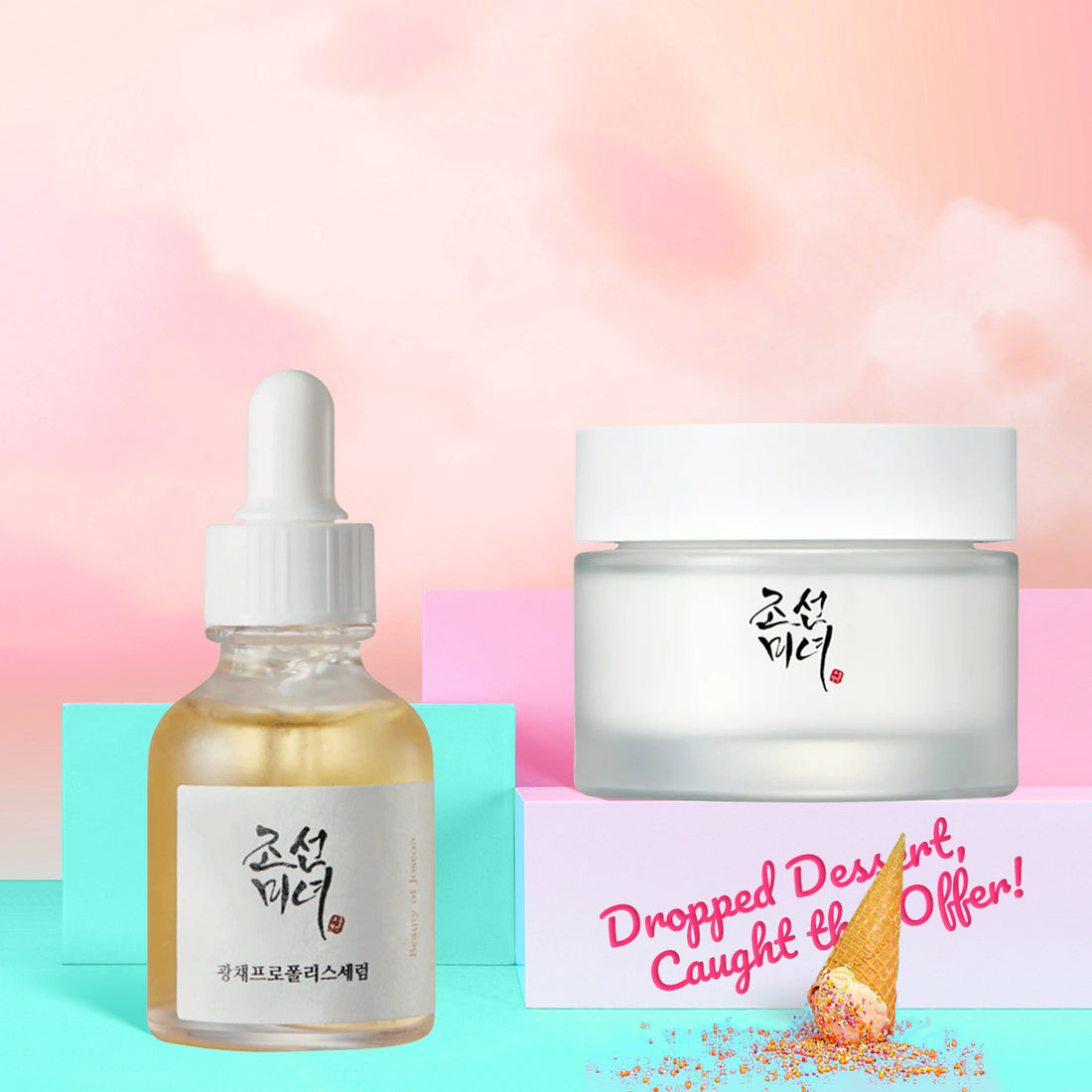 Skincare product set with dropper bottle and jar on a colorful background