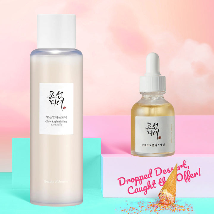 Two skincare products with a colorful background and promotional text.