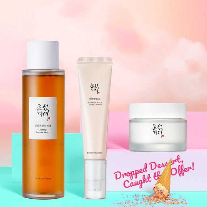 Three skincare products with labels on a colorful background