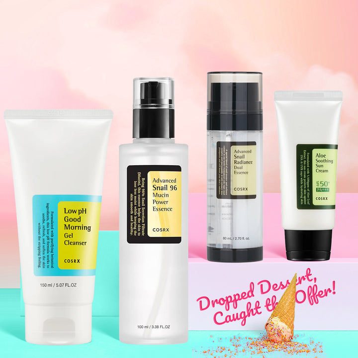 Skincare products with visible brand names on a colorful background