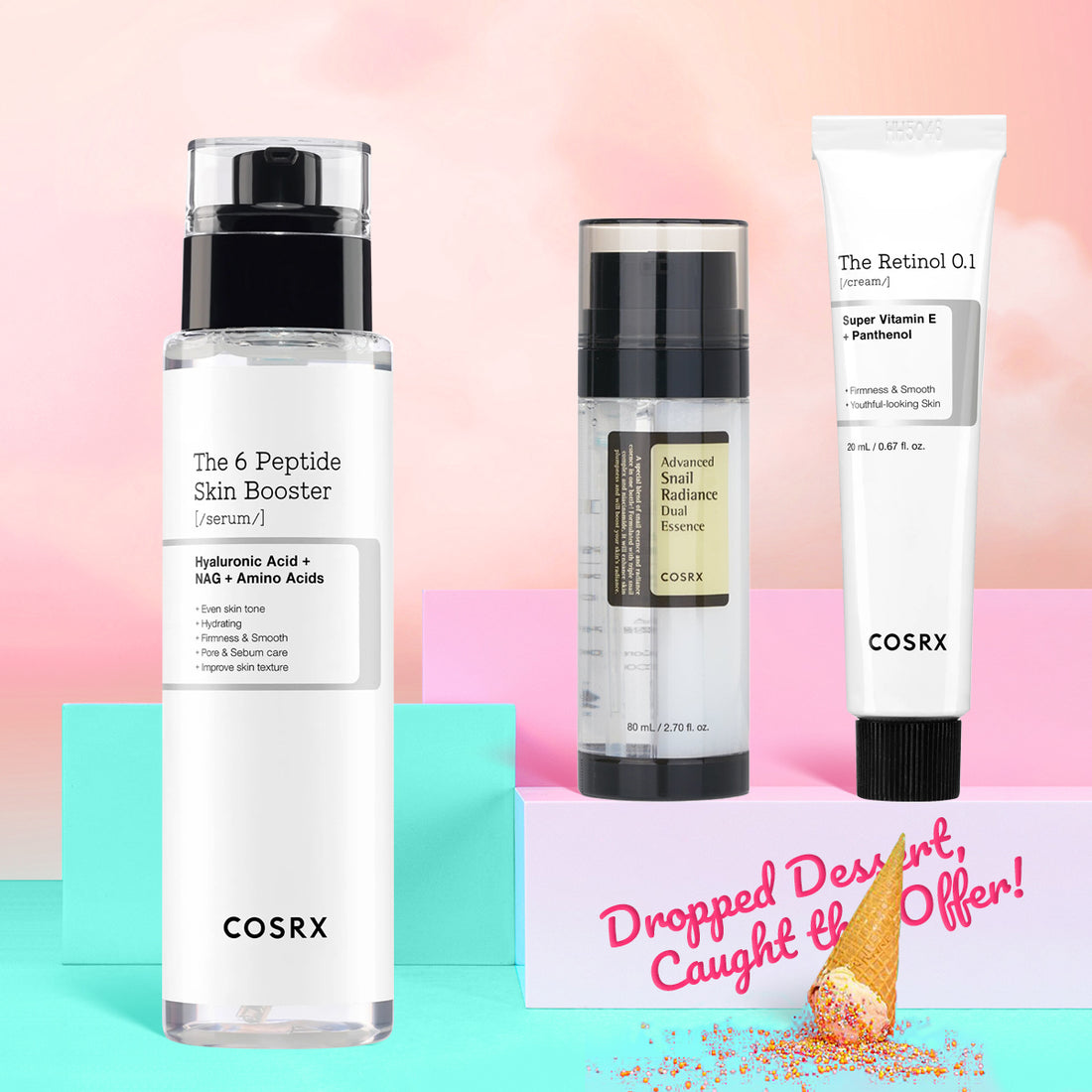 Three COSRX skincare products on a colorful background with promotional text.