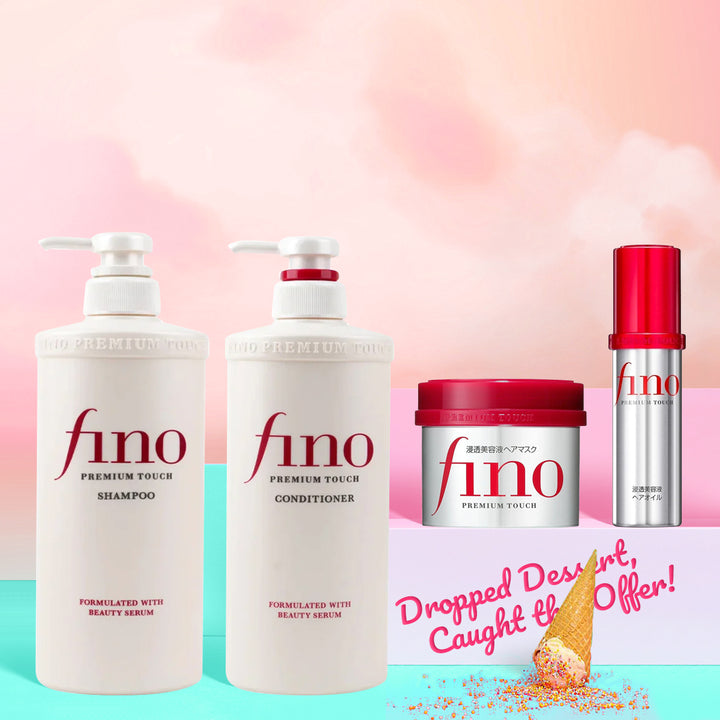 Fino hair care products including shampoo, conditioner, and a jar on a colorful background