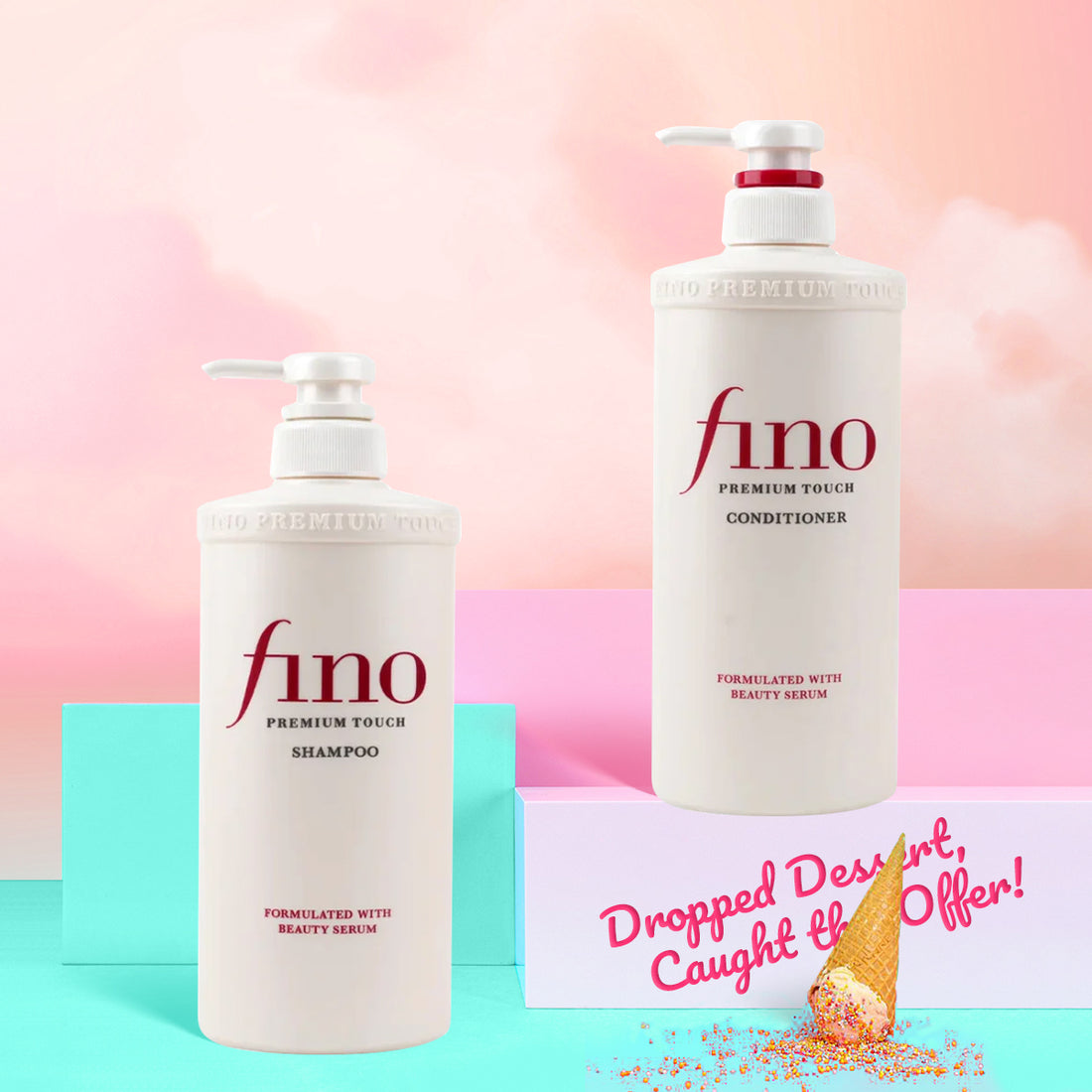 Two bottles of fino shampoo and conditioner on a colorful background with a promotional message.