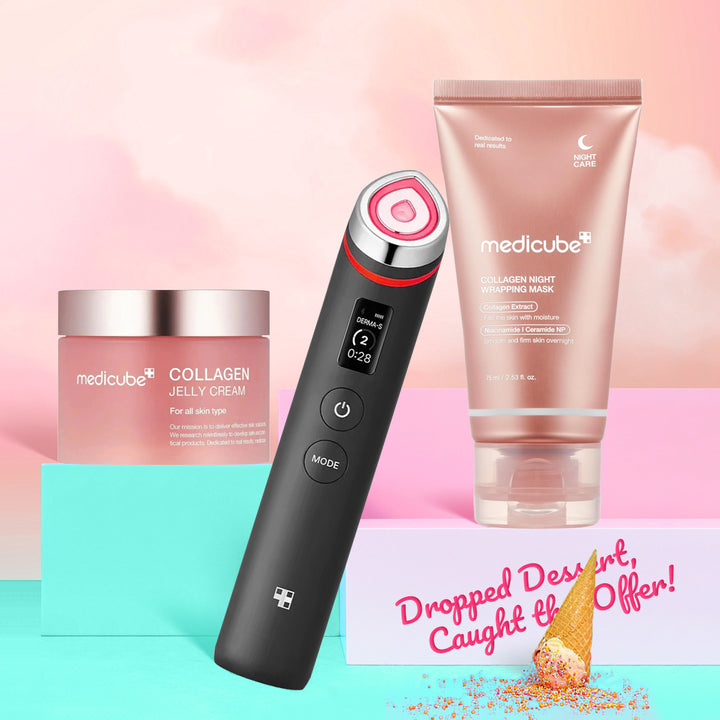 Beauty products including a cream jar, device, and mask on a colorful background with promotional text.