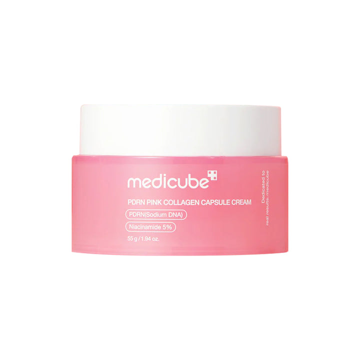 Pink collagen capsule cream jar with white lid on a white background