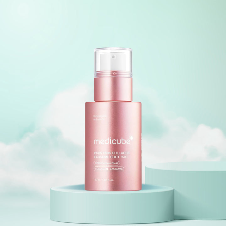 Medicube PDRN Pink Collagen Exosome Shot 7500 bottle on a light blue background