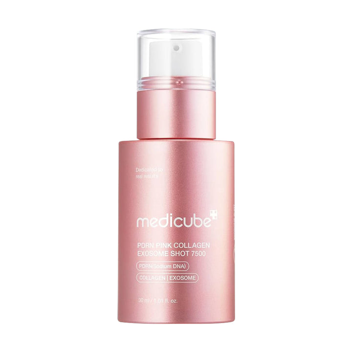 Pink skincare serum bottle with 'medicube' branding on a white background
