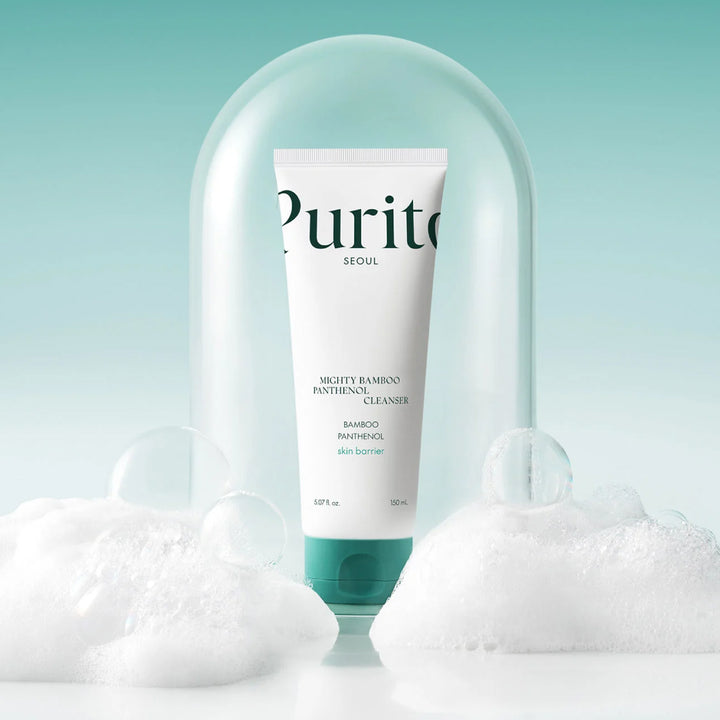 Purito skincare product with bubbles on a light blue background