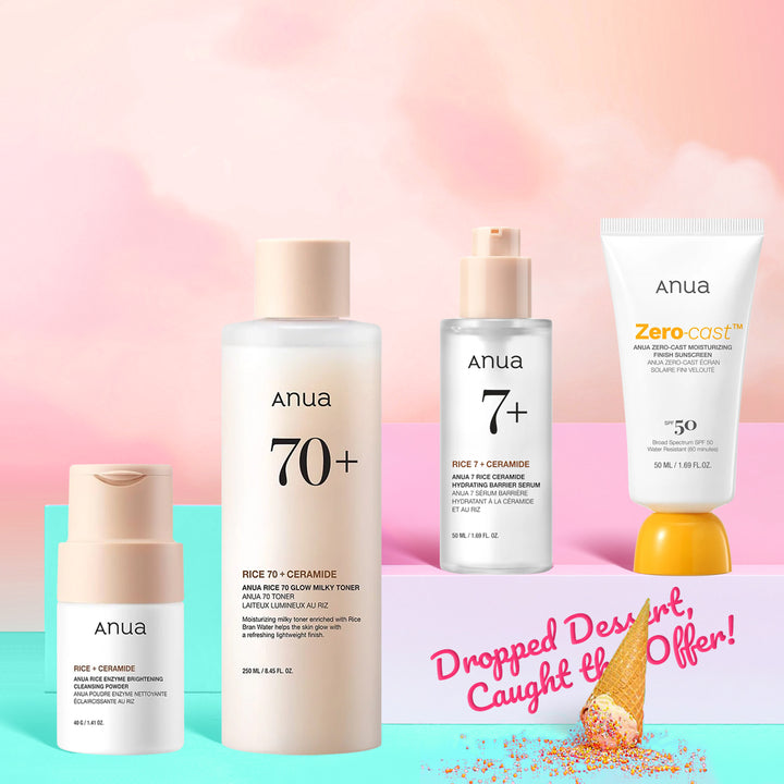 Anua skincare products on a colorful background with promotional text.