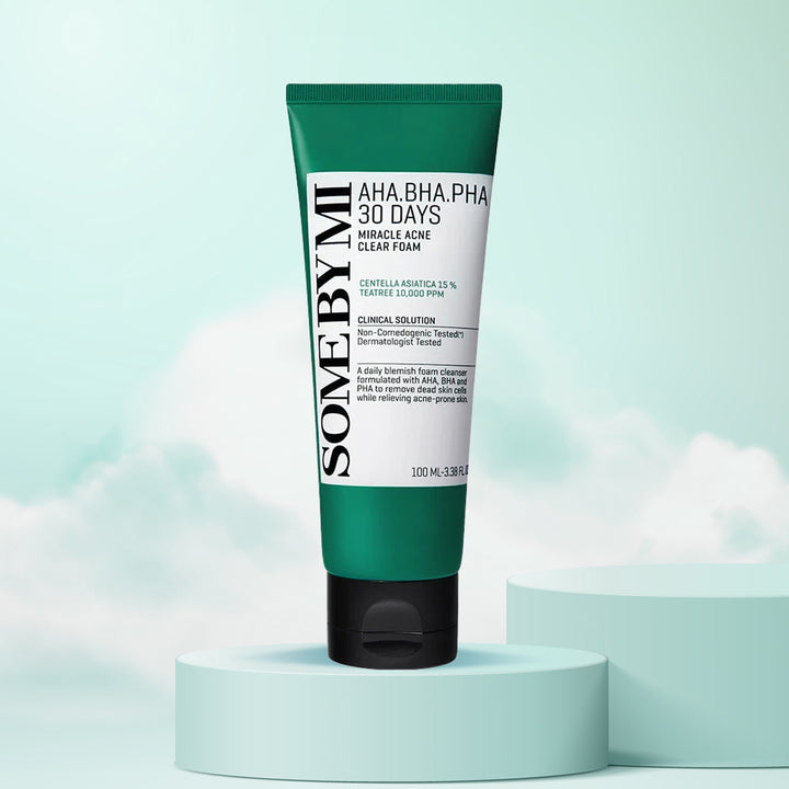 SOME BY MI 30 Days Miracle Acne Clear Foam – Korean exfoliating facial cleanser with AHA BHA PHA for oily and blemish-prone skin in UAE. Front