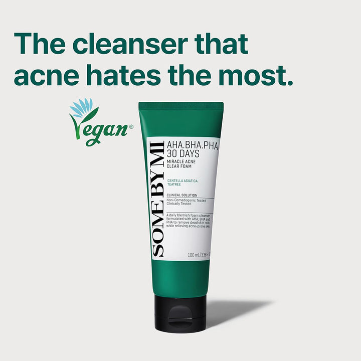 SOME BY MI AHA BHA PHA 30 Days Miracle Acne Clear Foam – Korean exfoliating cleanser with Truecica and salicylic acid for clear, calm skin. Vegan