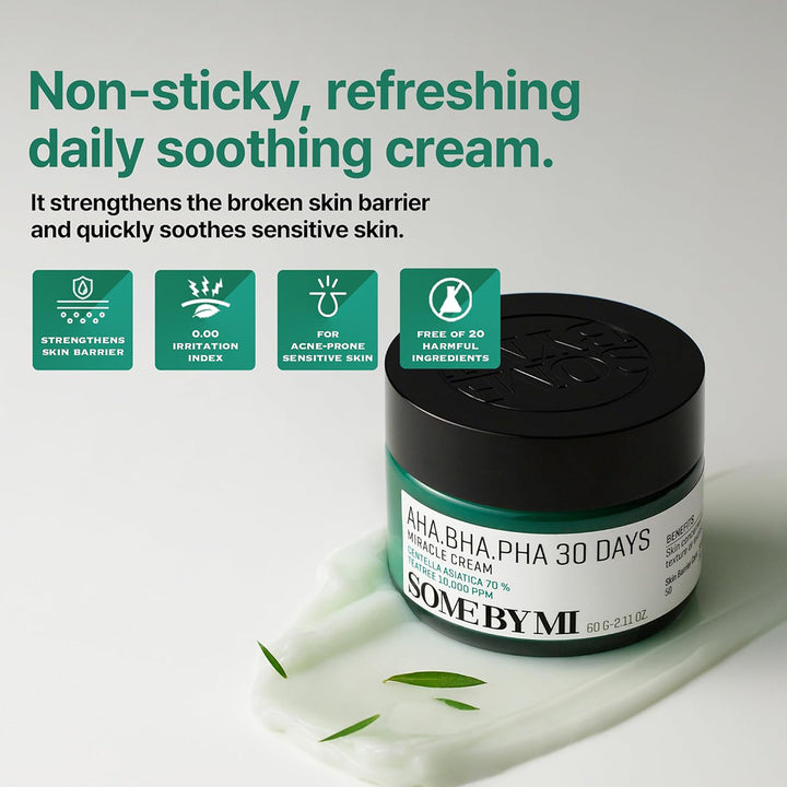 SOME BY MI AHA BHA PHA 30 Days Miracle Cream – Korean acne treatment moisturizer for soothing and exfoliating care. Features