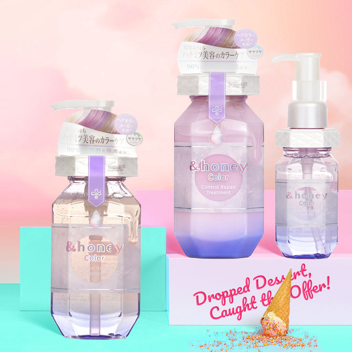 Three bottles of &honey color product on a colorful background with promotional text.