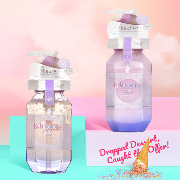 Two &honey color bottles on a pastel pink and blue gradient background with a promotional banner.