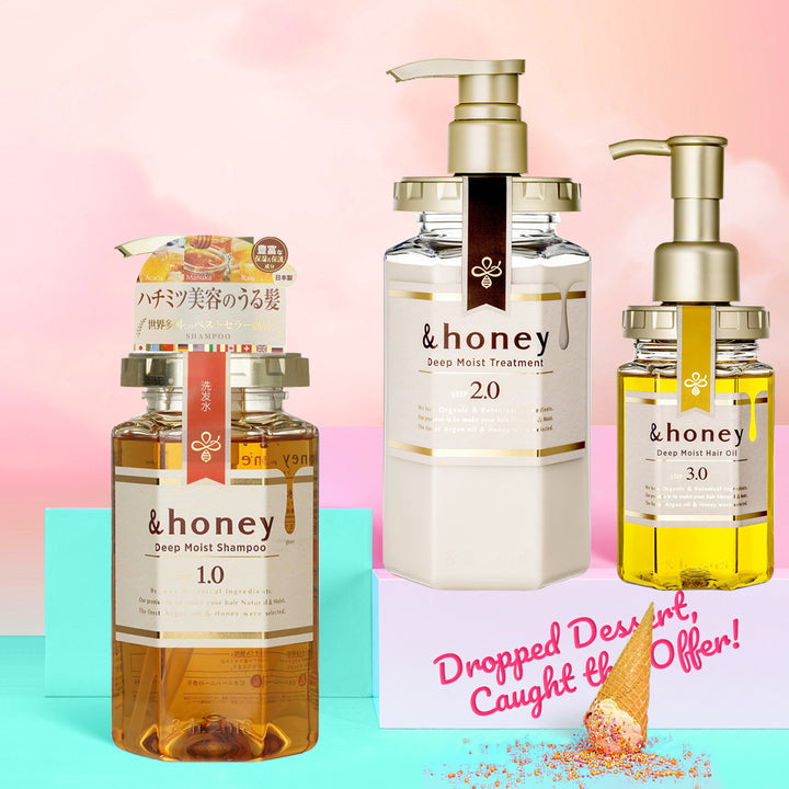 Set of &honey hair care products on a colorful background