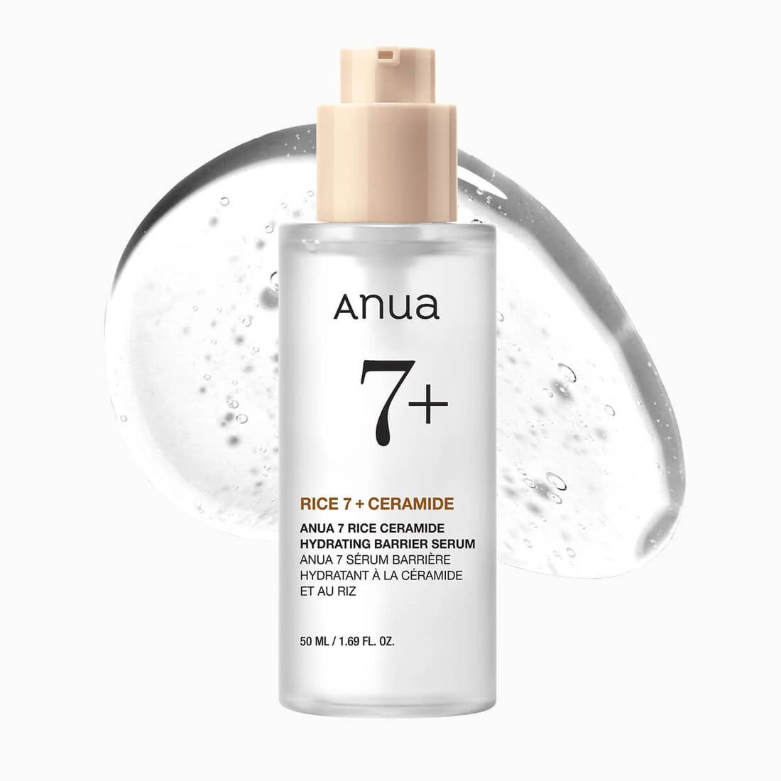 Anua 7+ Rice Ceramide serum bottle with dropper on a white background
