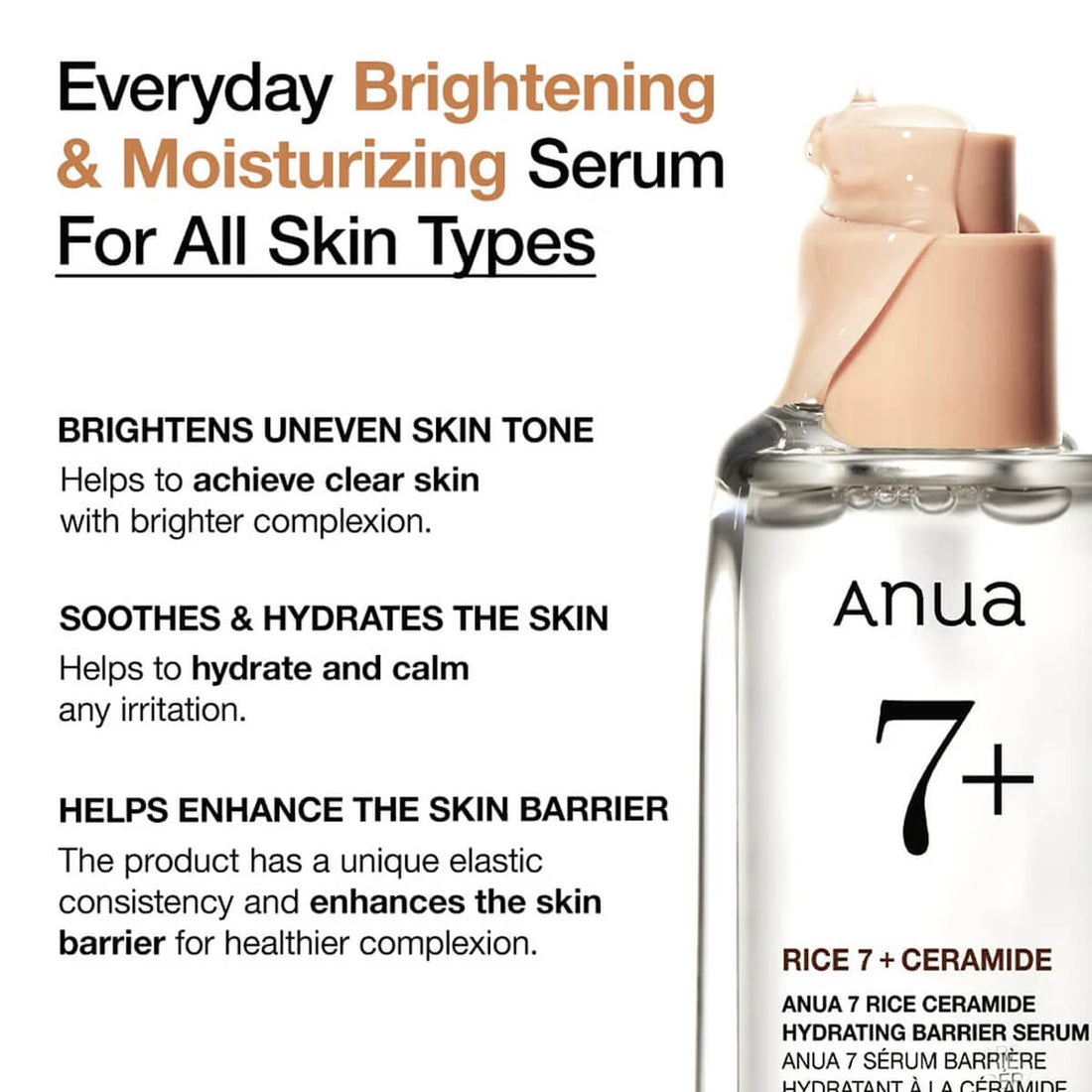 Anua 7+ serum bottle with product description on a white background