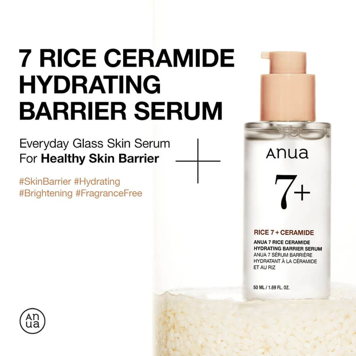 Anua 7 Rice Ceramide Hydrating Barrier Serum bottle with text on a white background