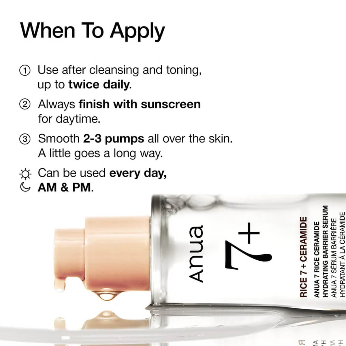 Amua skincare serum bottle with application instructions on a white background