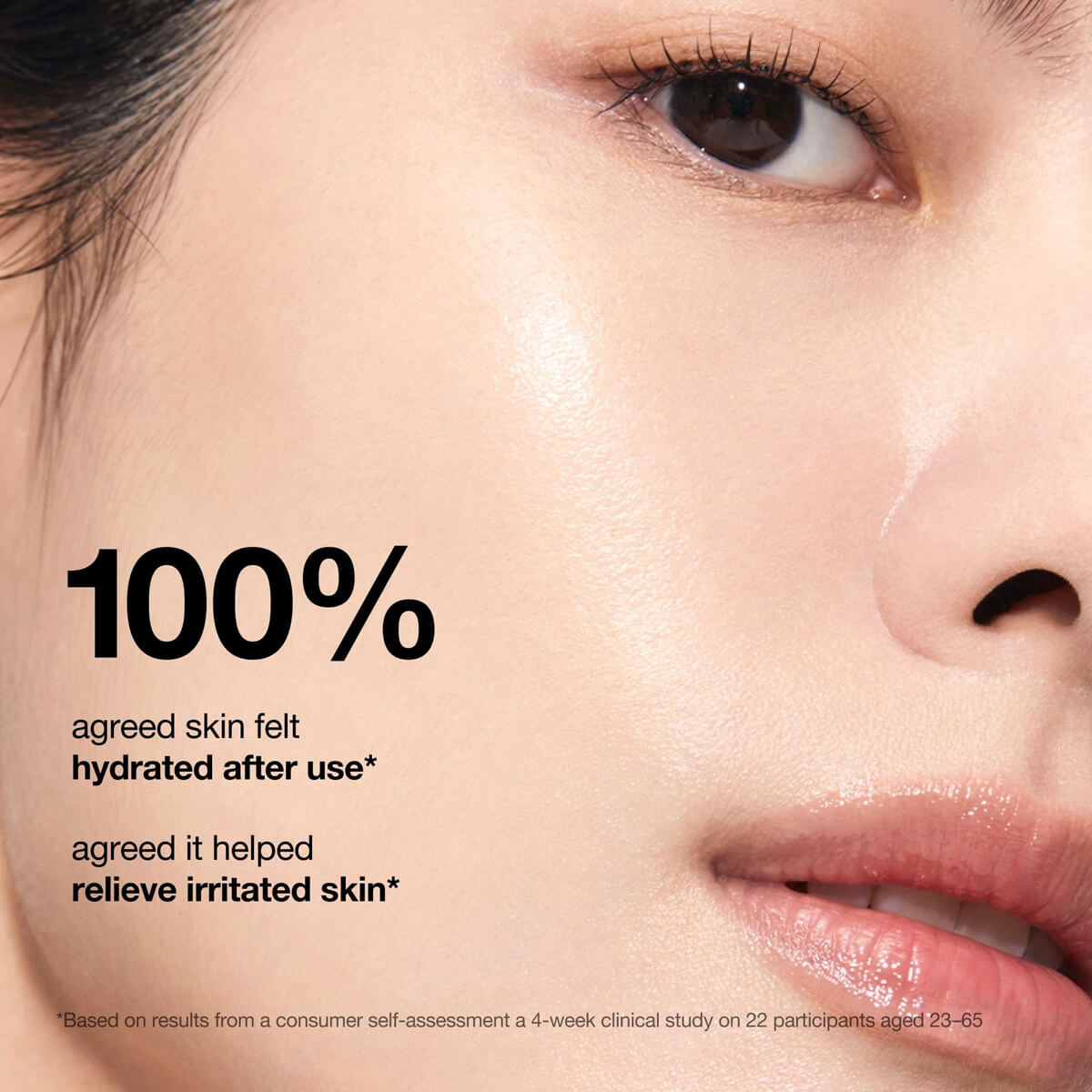 Close-up of a person's face with text about skin hydration and relief from irritation.