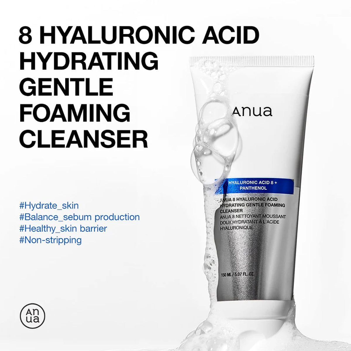 Anua hyaluronic acid cleanser with text highlighting benefits on a white background