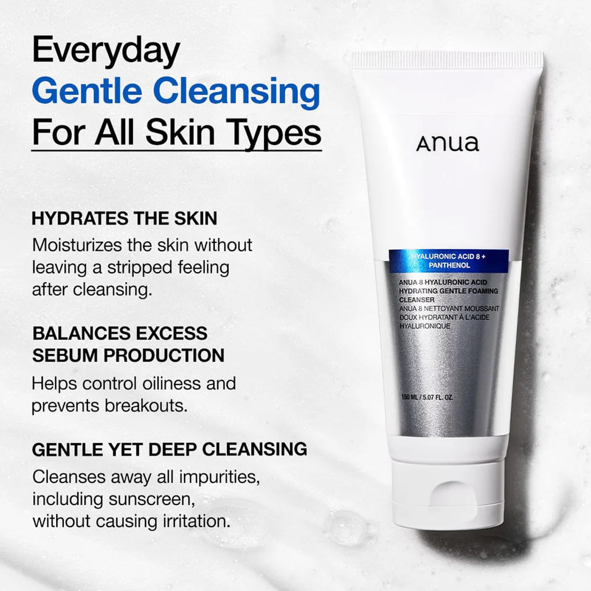 Tube of Anua cleanser with product benefits text on a white background