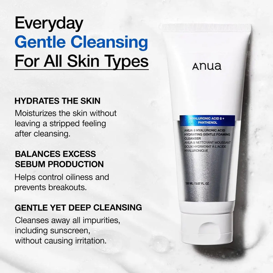 Tube of Anua cleanser with product benefits text on a light background