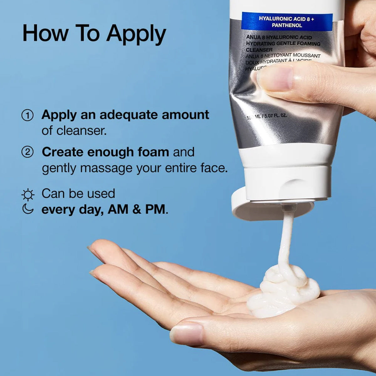 Tube of cleanser being squeezed onto a hand with application instructions on a blue background