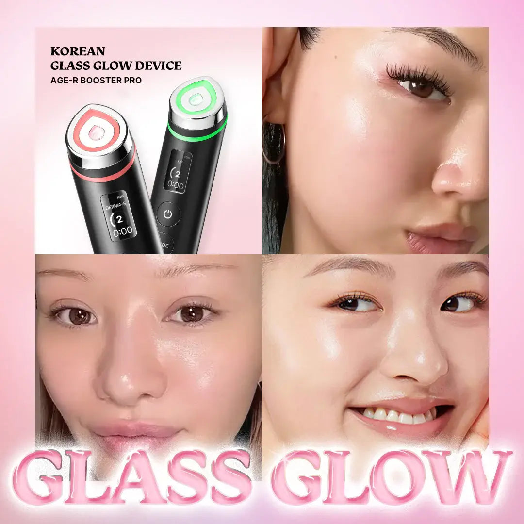 Korean glass glow device with before and after effects on a pink background