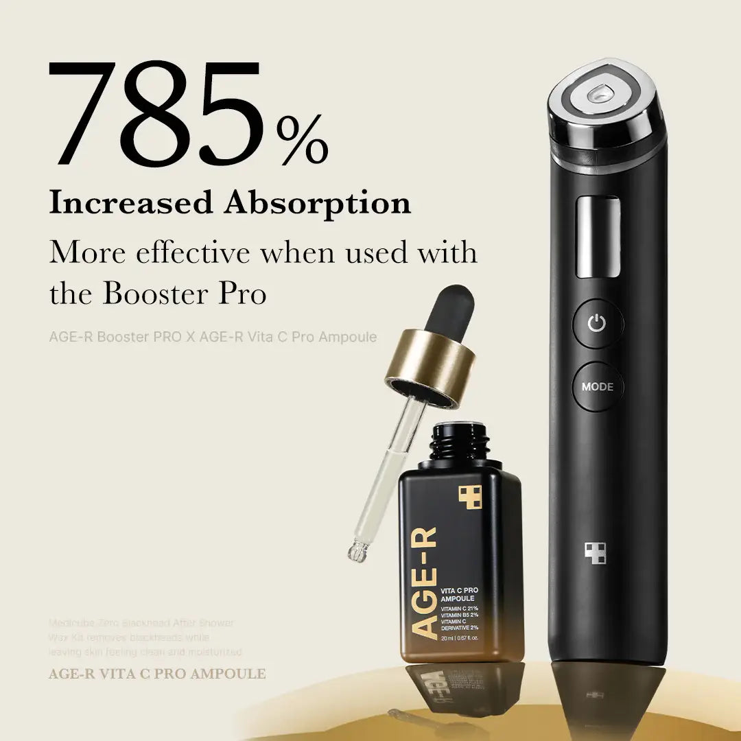 AGE-R Booster Pro device with AGE-R Vita C Pro Ampoule on a beige background