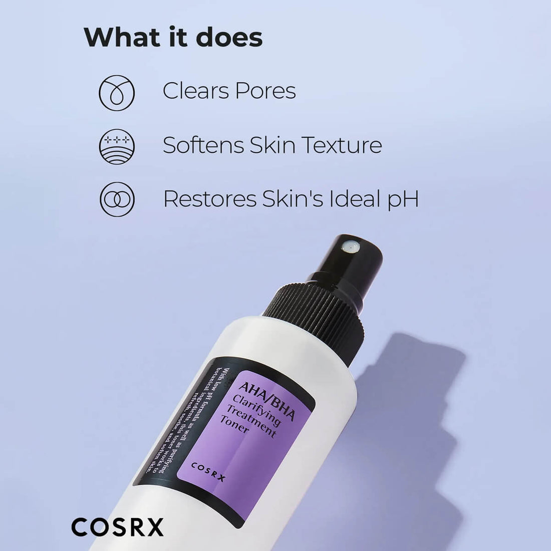 Cosrx toner bottle with text on a light purple background