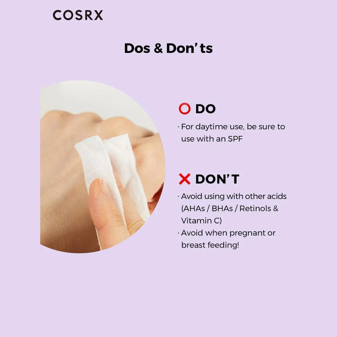 COSRX skincare product usage guide with dos and don'ts on a light purple background