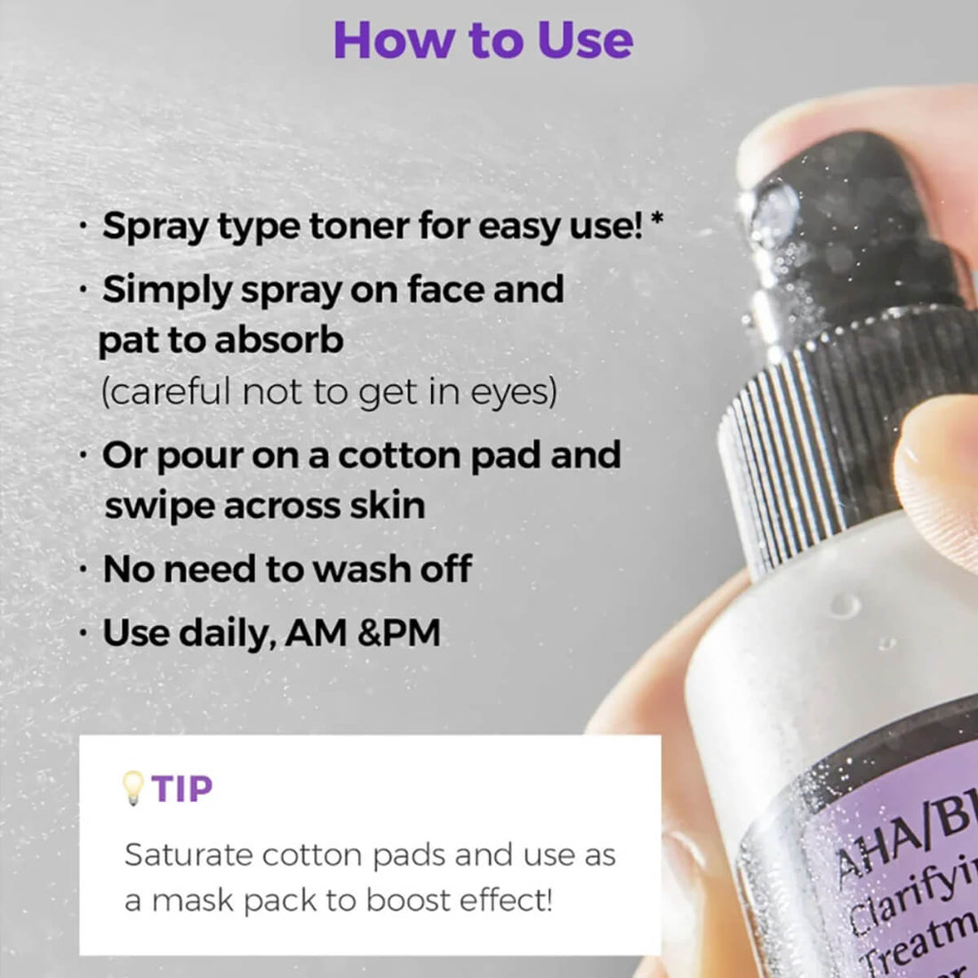 Spray bottle with toner instructions on a gray background