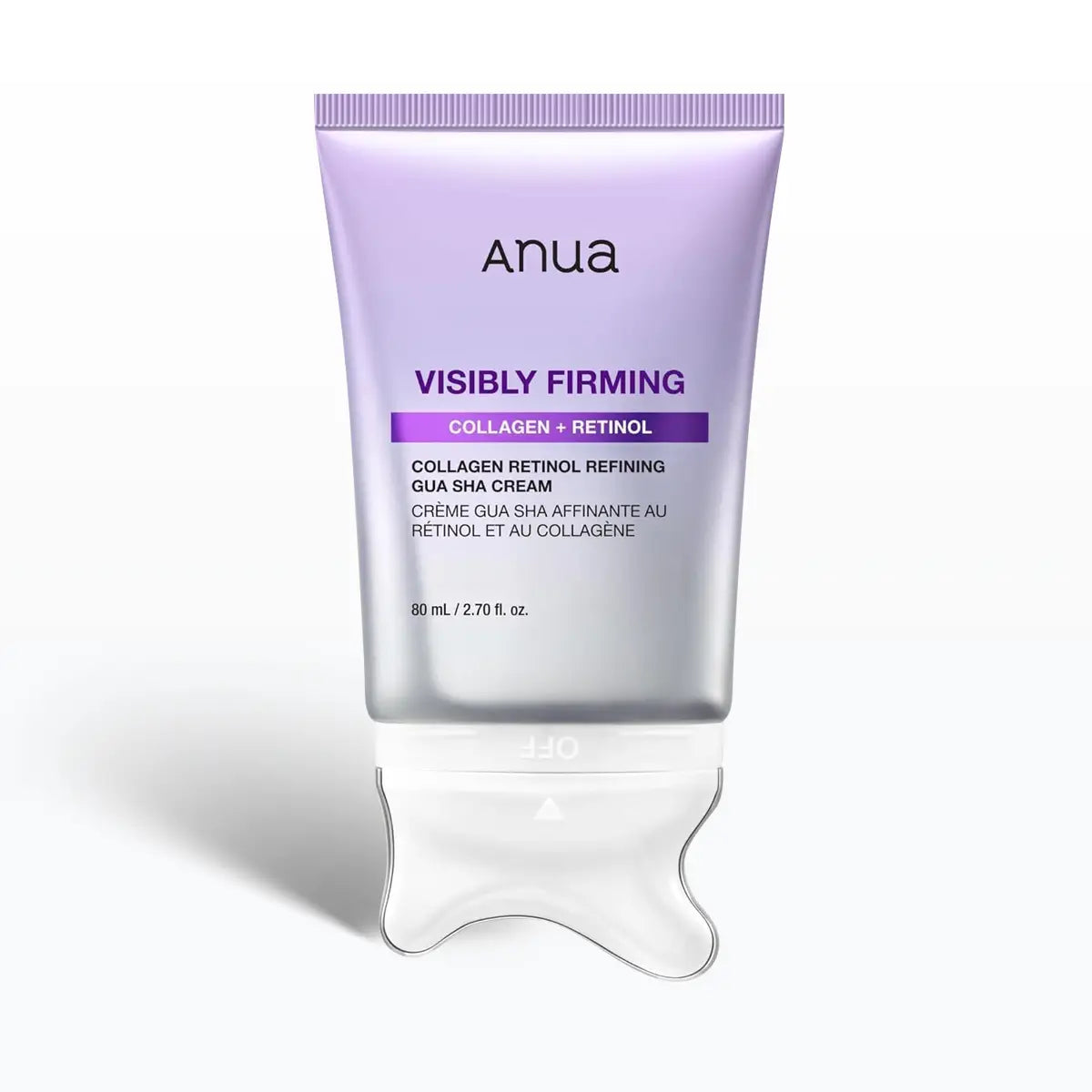 Anua Visibly Firming Collagen + Retinol Qua Sha Cream in a lavender and silver squeeze tube with a clear gel applicator tip, shown on a white background.