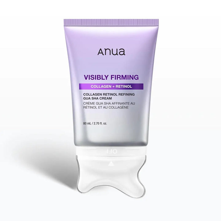 Anua Visibly Firming Collagen + Retinol Qua Sha Cream in a lavender and silver squeeze tube with a clear gel applicator tip, shown on a white background.