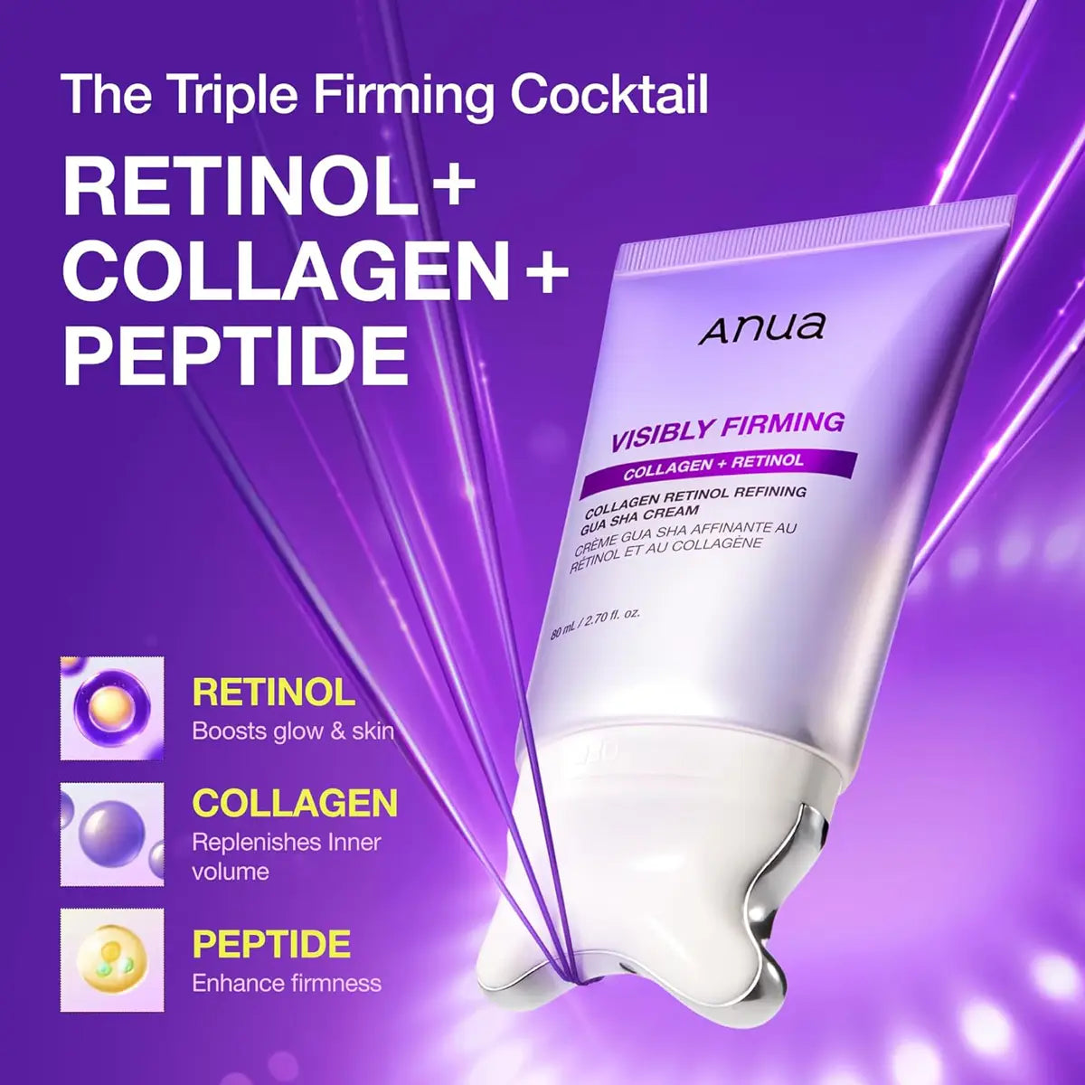 Anua visibly firming cream with retinol, collagen, and peptide on a purple background