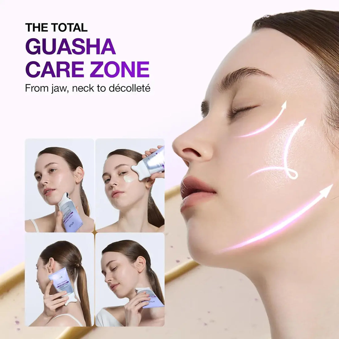 Advertisement for Guasha care zone with a woman applying cream to her face and neck.