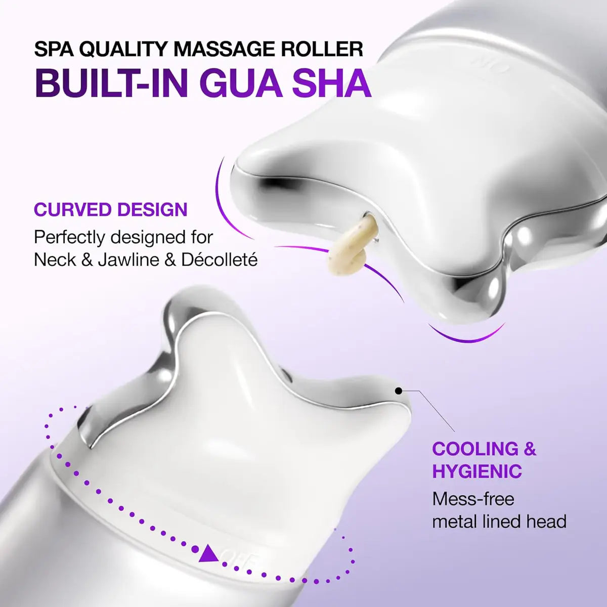 Massage roller with built-in Gua Sha on a purple background