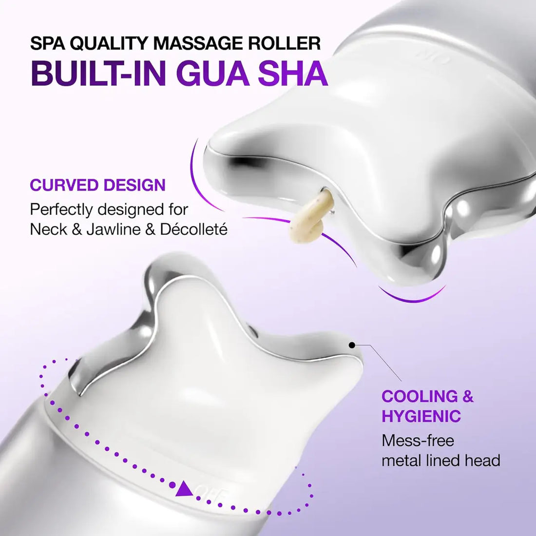 Massage roller with built-in Gua Sha on a purple background