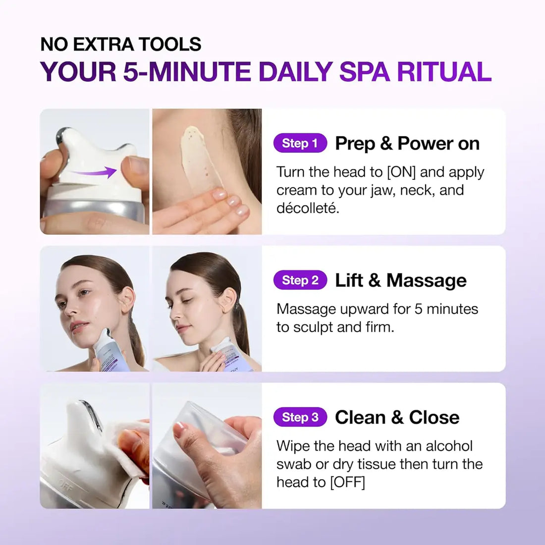 Step-by-step guide for a 5-minute daily spa ritual with product usage instructions.
