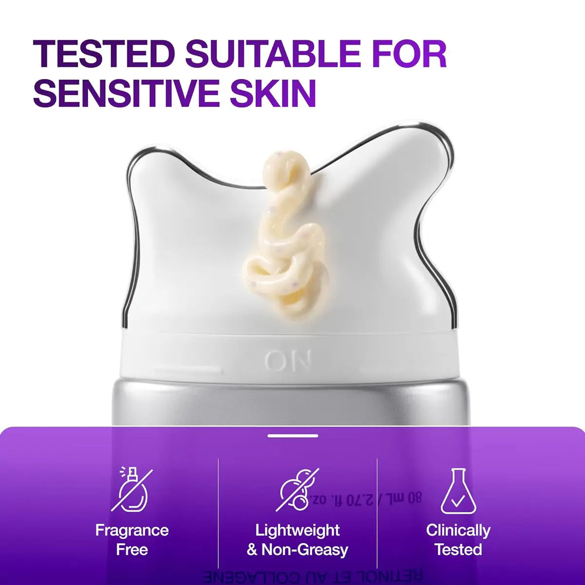 Skincare product with cream on top, labeled as tested suitable for sensitive skin.