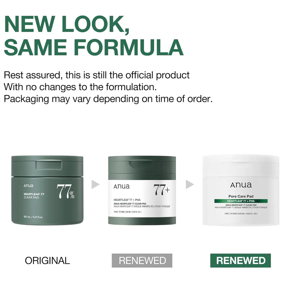 Comparison of original and renewed packaging for a skincare product with text about formula consistency.