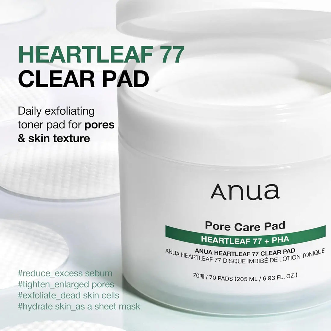 Anua Heartleaf 77 Clear Pad packaging with text on a white background