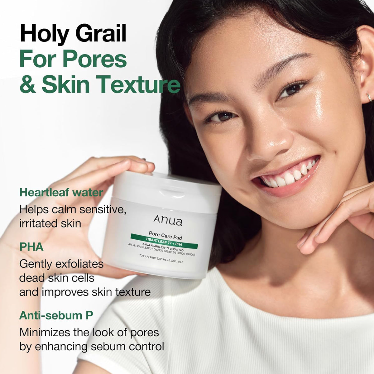 Woman holding a skincare product with text about its benefits